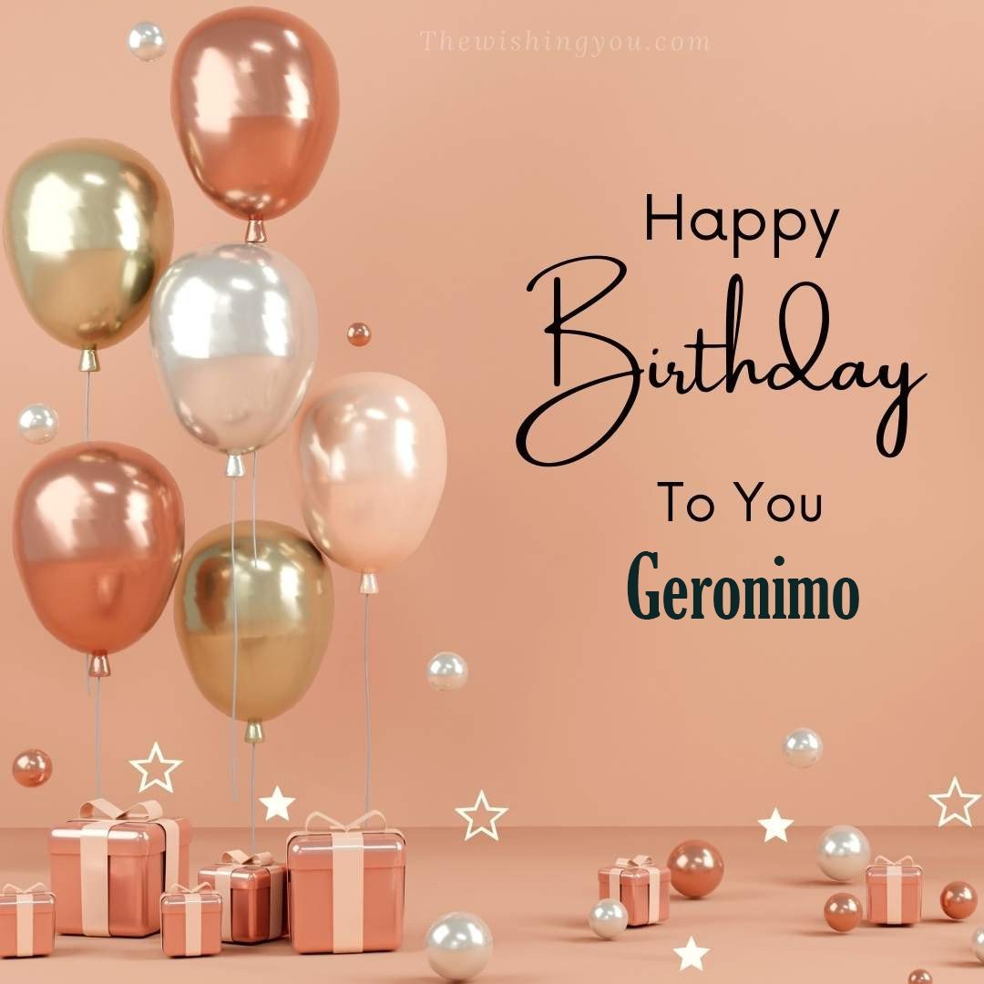 Happy birthday Geronimo written on image Light Yello and white and pink Balloons with many gift box Pink Background