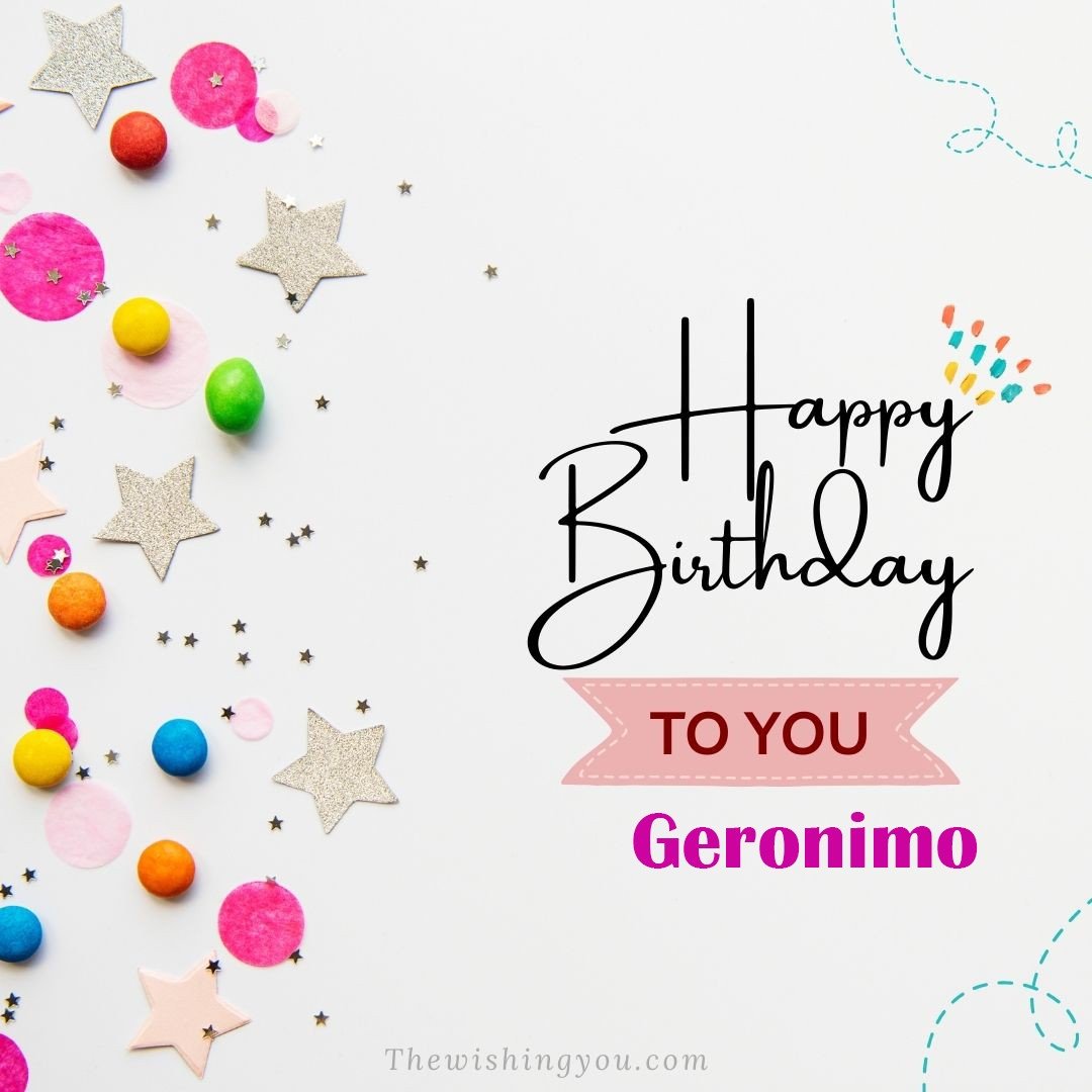 Happy birthday Geronimo written on image Star and ballonWhite background