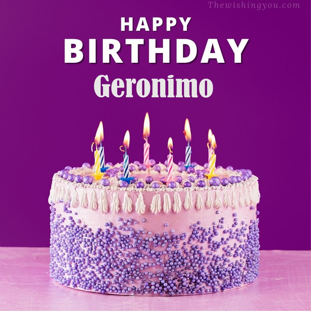 Happy birthday Geronimo written on image White and blue cake and burning candles Violet background