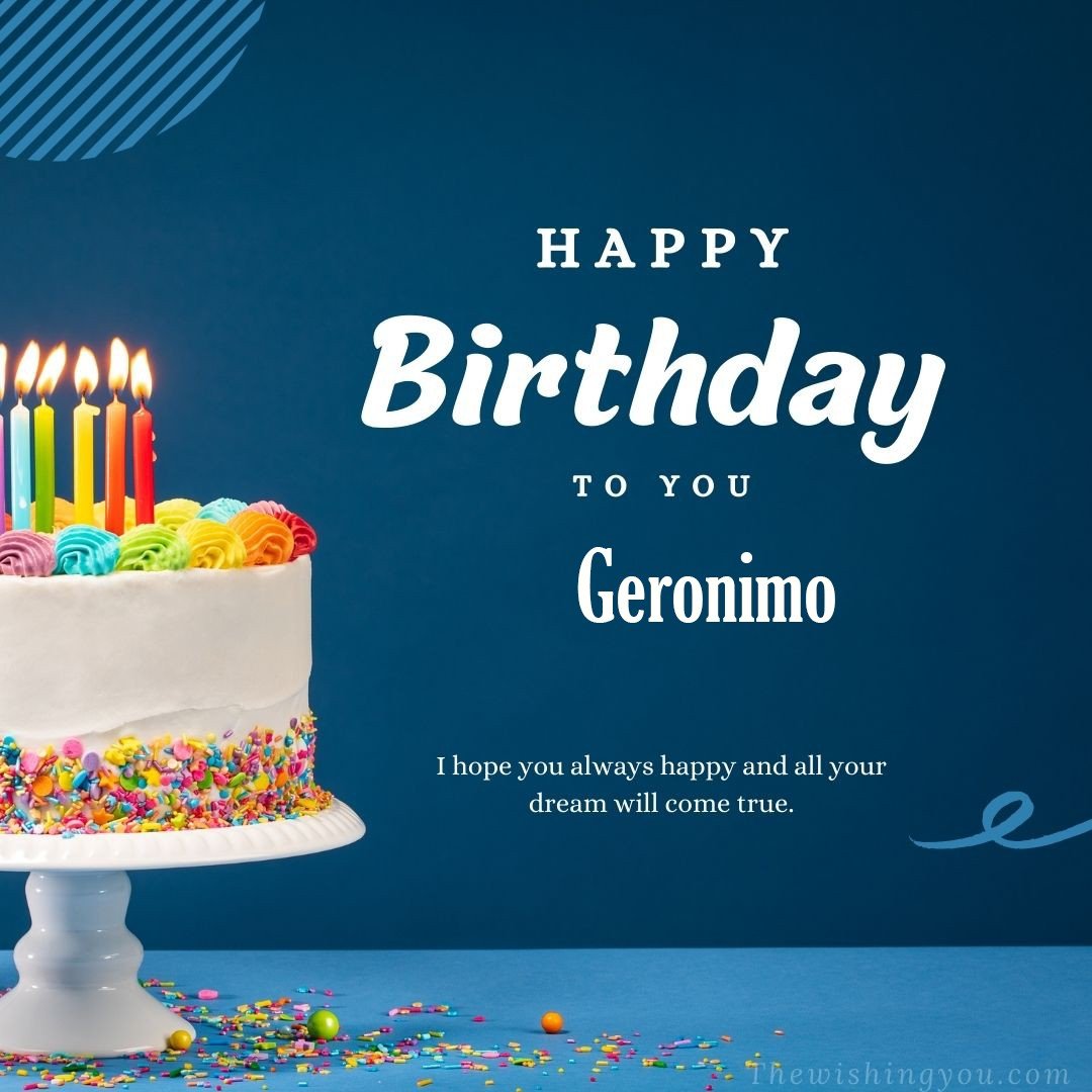 Happy birthday Geronimo written on image white cake and burning candle Blue Background