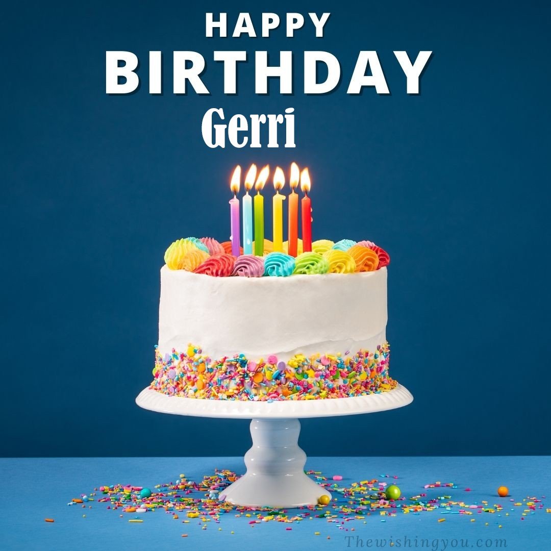 Happy birthday Gerri written on image White cake keep on White stand and burning candles Sky background