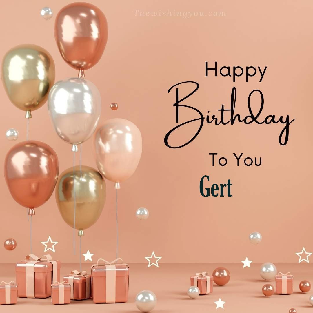 Happy birthday Gert written on image Light Yello and white and pink Balloons with many gift box Pink Background