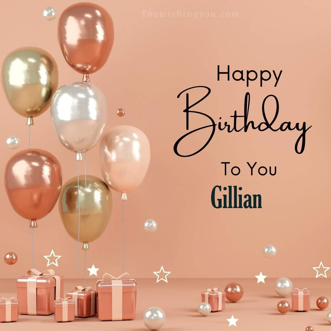 Happy birthday Gillian written on image Light Yello and white and pink Balloons with many gift box Pink Background
