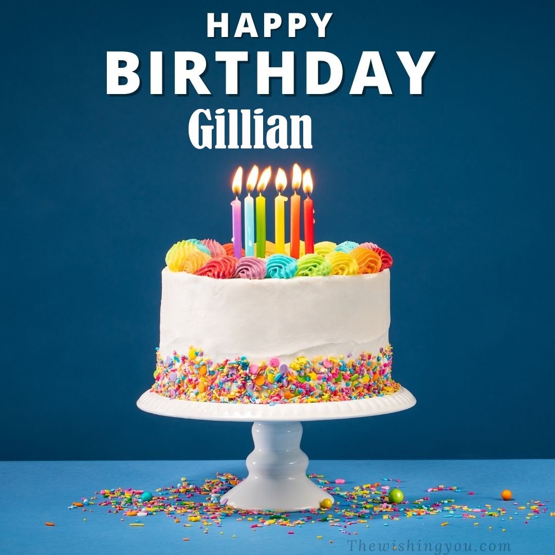 Happy birthday Gillian written on image White cake keep on White stand and burning candles Sky background