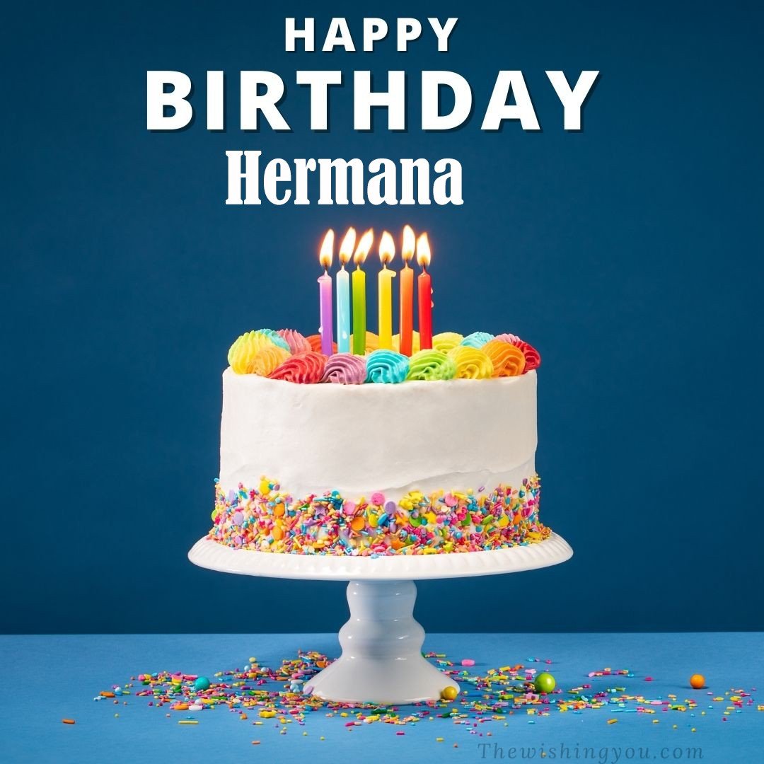 Happy birthday Hermana written on image White cake keep on White stand and burning candles Sky background