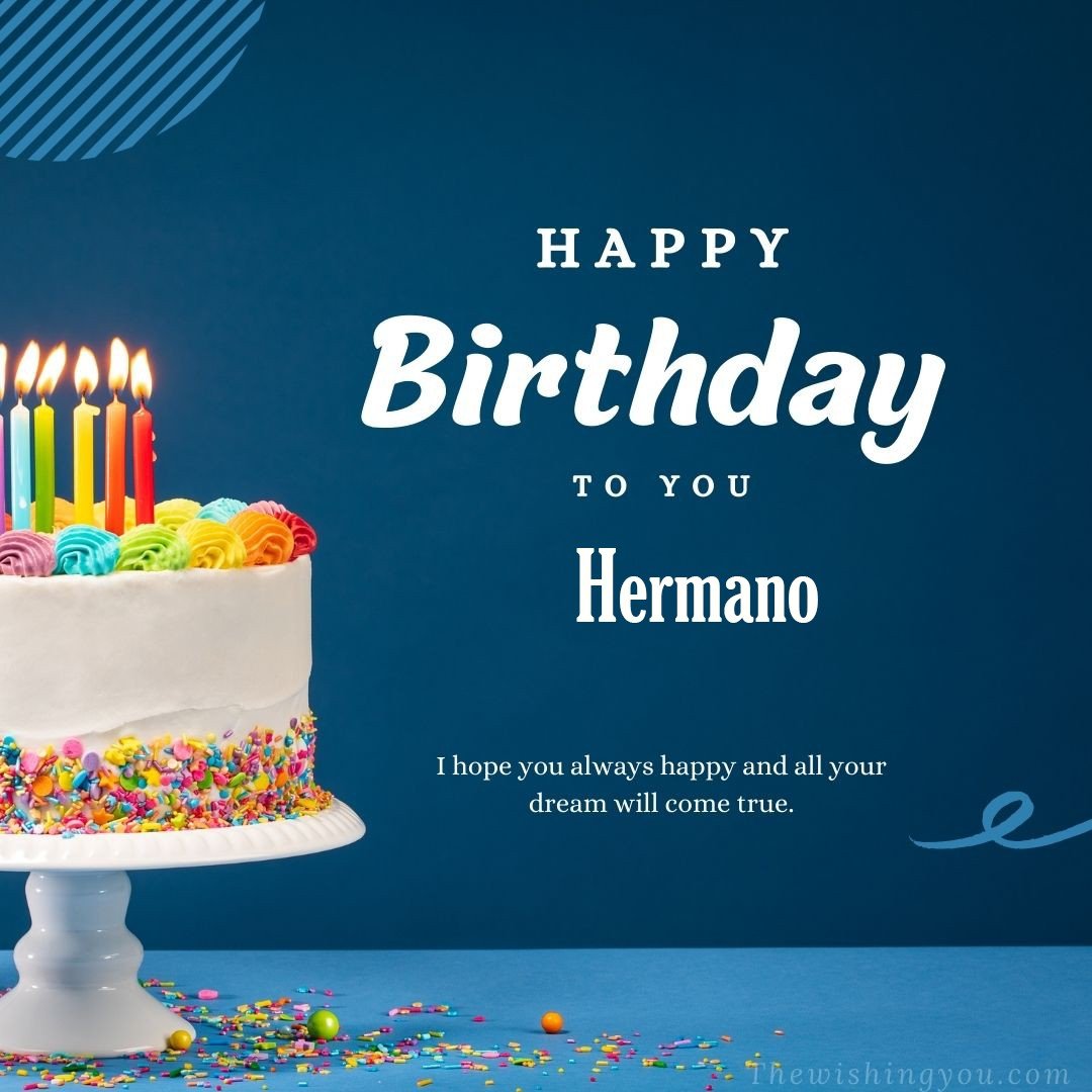 Happy birthday Hermano written on image white cake and burning candle Blue Background