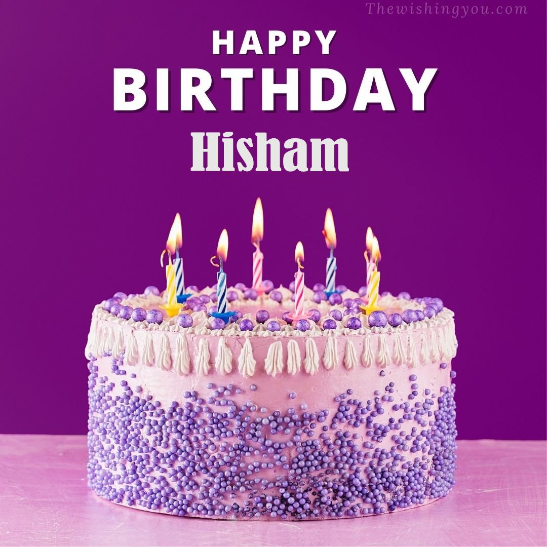 Happy birthday Hisham written on image White and blue cake and burning candles Violet background