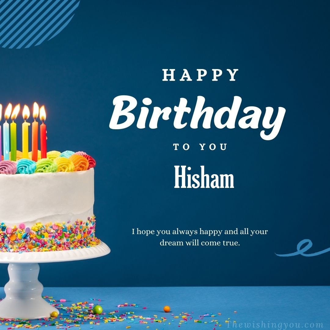 Happy birthday Hisham written on image white cake and burning candle Blue Background