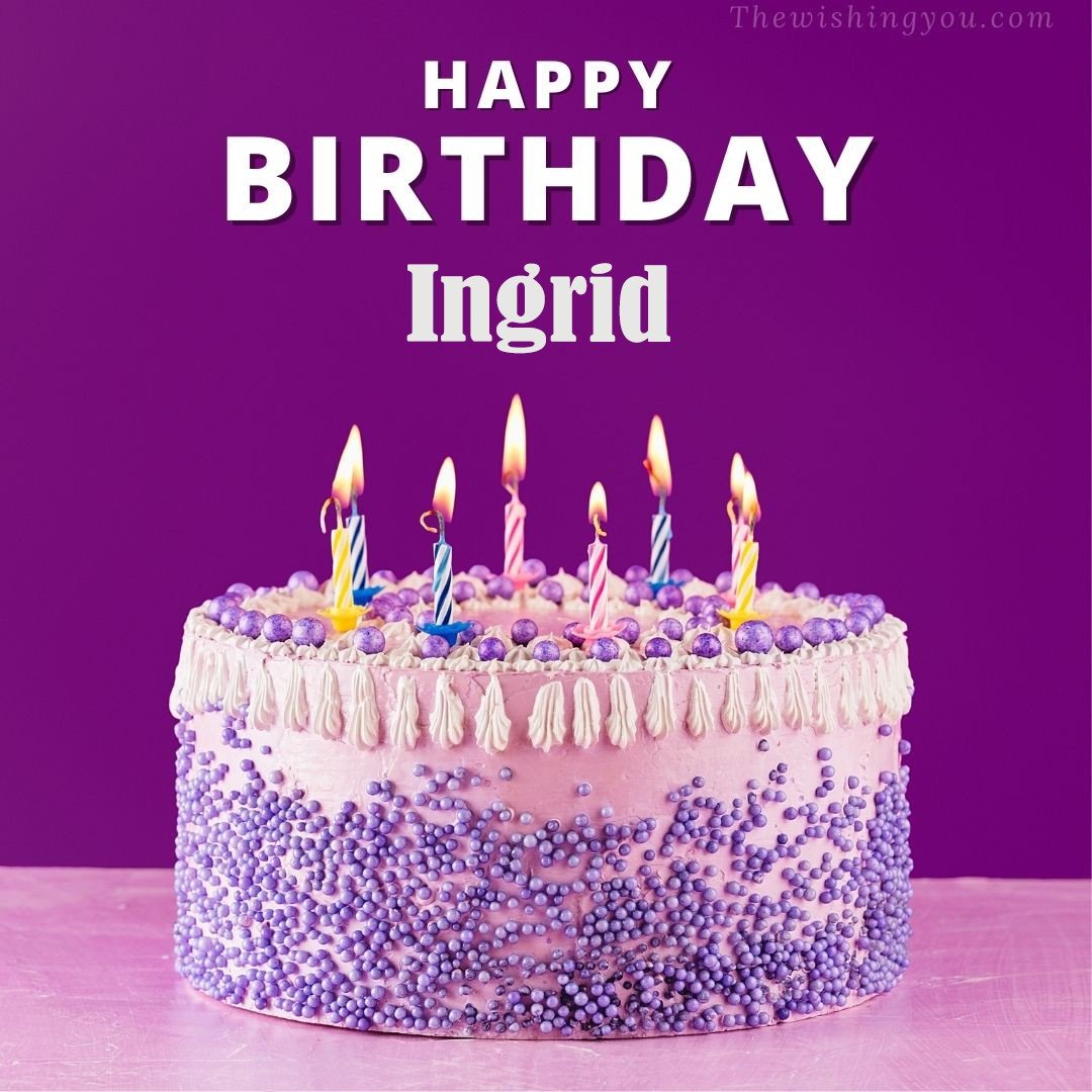 Happy birthday Ingrid written on image White and blue cake and burning candles Violet background
