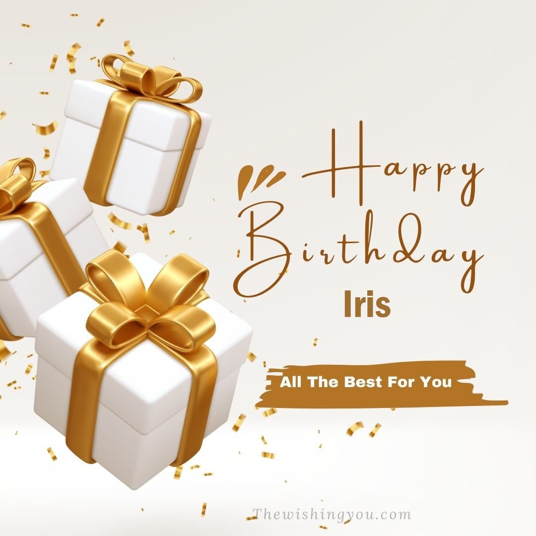 Happy birthday Iris written on image White gift boxes with Yellow ribon with white background