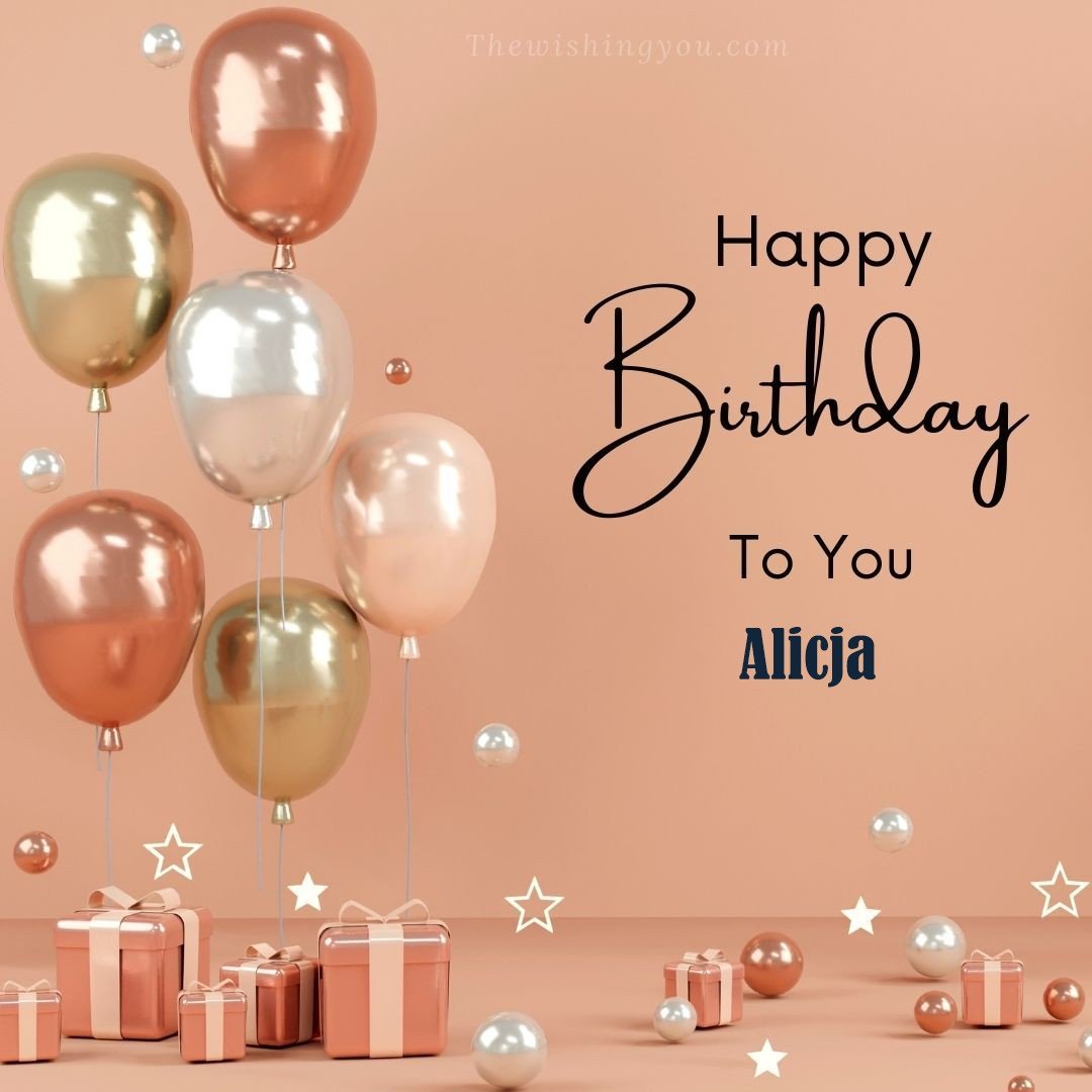 Happy Birthday Alicja written on image Light Yello and white and pink Balloons with many gift box Pink Background