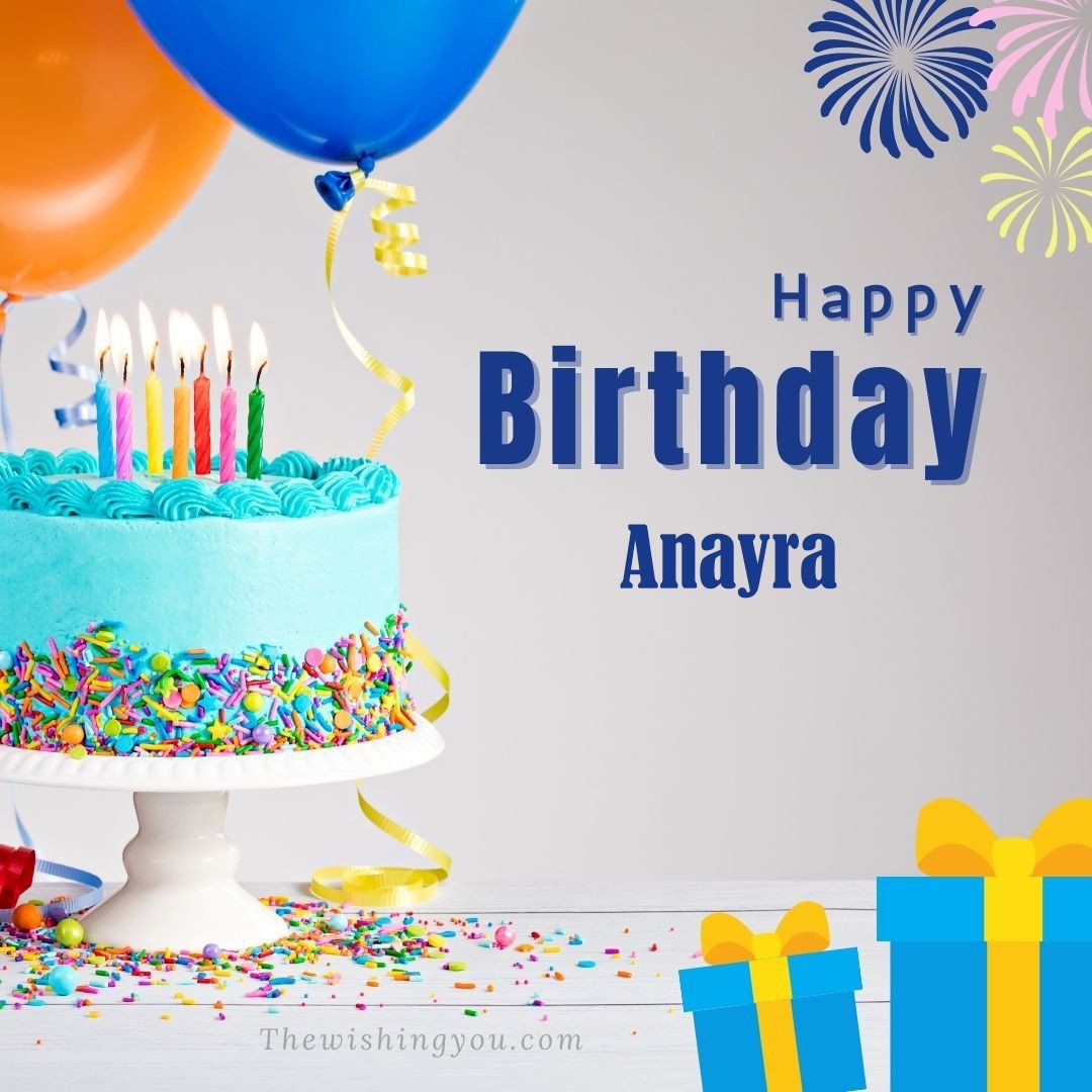 Happy Birthday Anayra written on image Green cake keep on White stand and blue gift boxes with Yellow ribon with Sky background