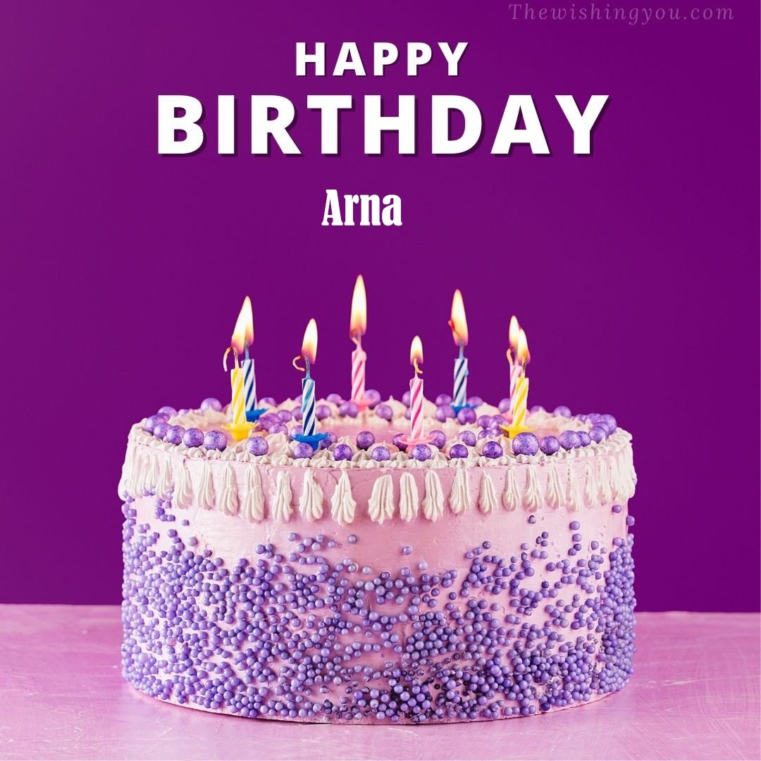 Happy Birthday Arna written on image White and blue cake and burning candles Violet background