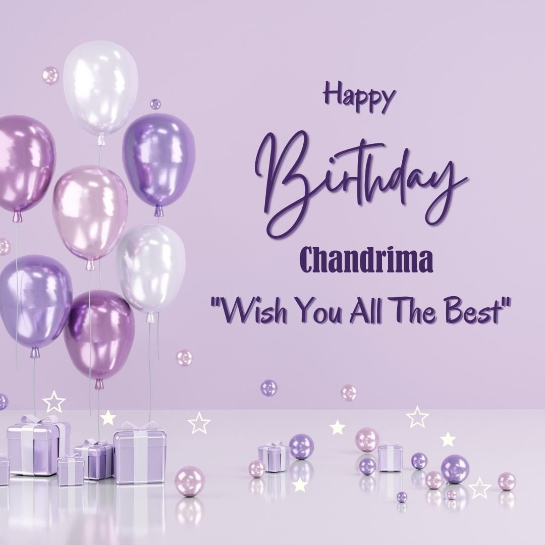 Happy Birthday Chandrima written on imagemany purple Gift boxes with White ribon pink white and blue ballon light purple background