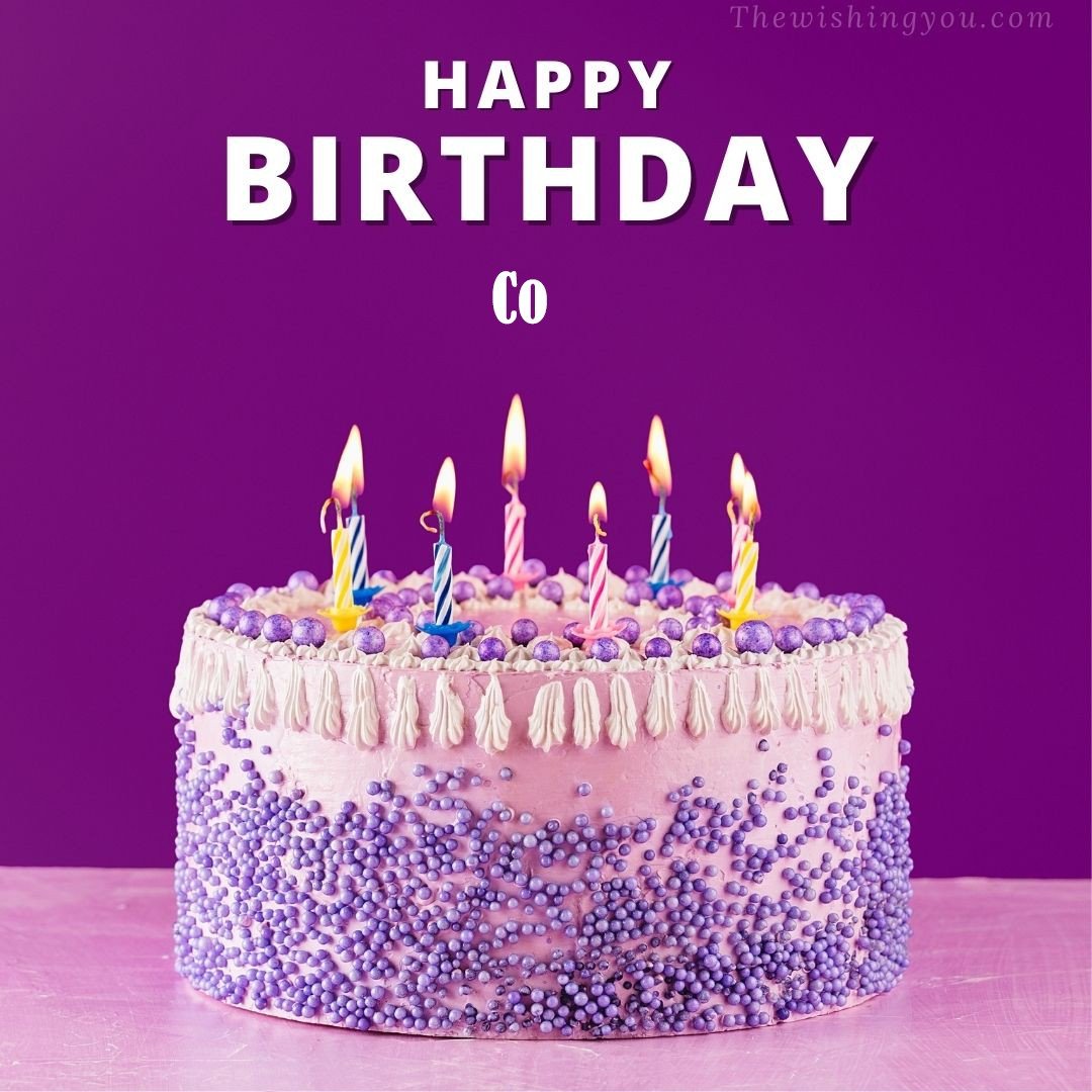 Happy Birthday Co written on image White and blue cake and burning candles Violet background