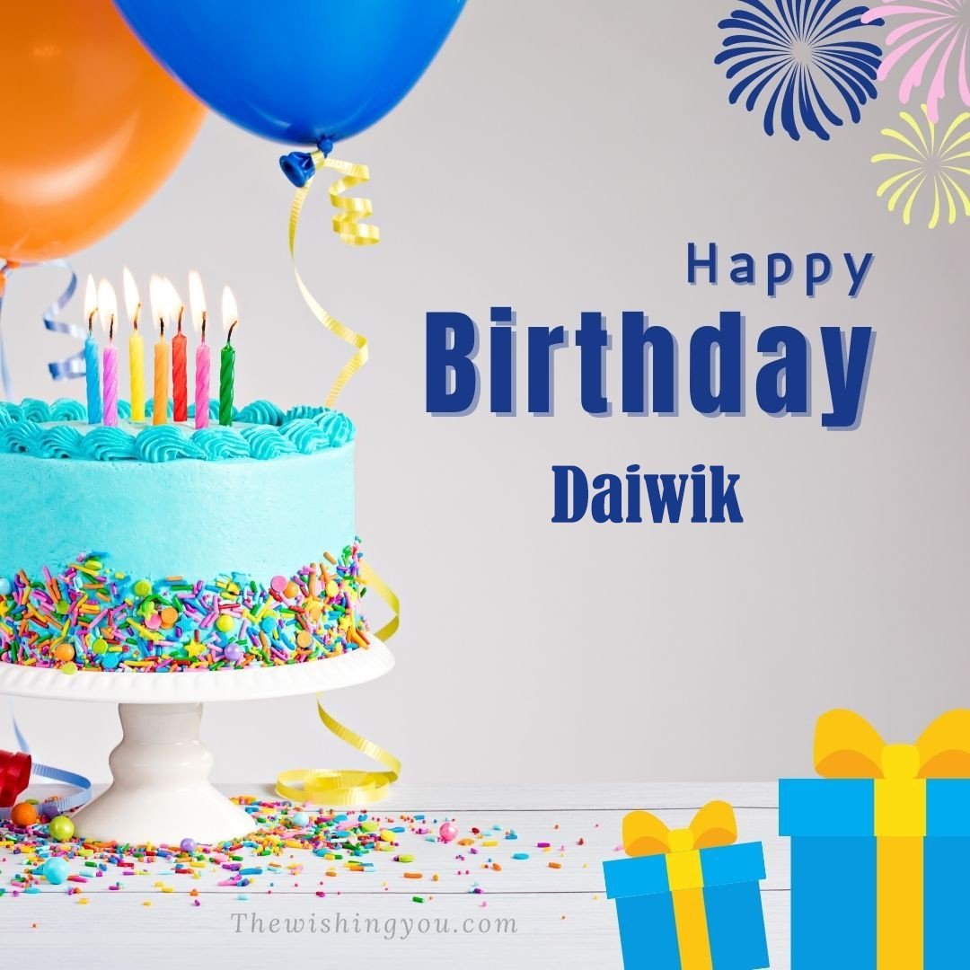 Happy Birthday Daiwik written on image Green cake keep on White stand and blue gift boxes with Yellow ribon with Sky background
