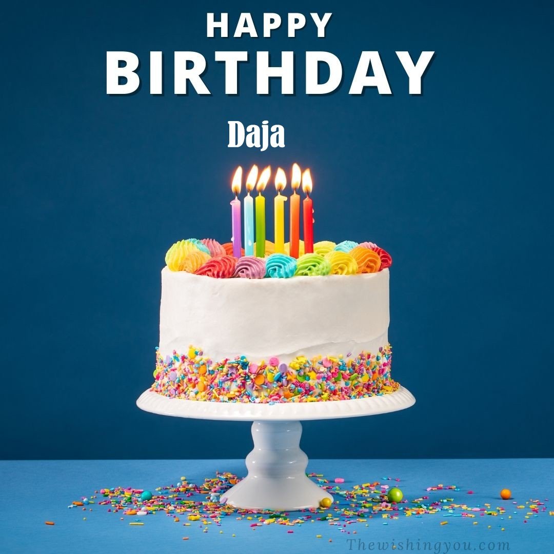 Happy Birthday Daja written on image White cake keep on White stand and burning candles Sky background