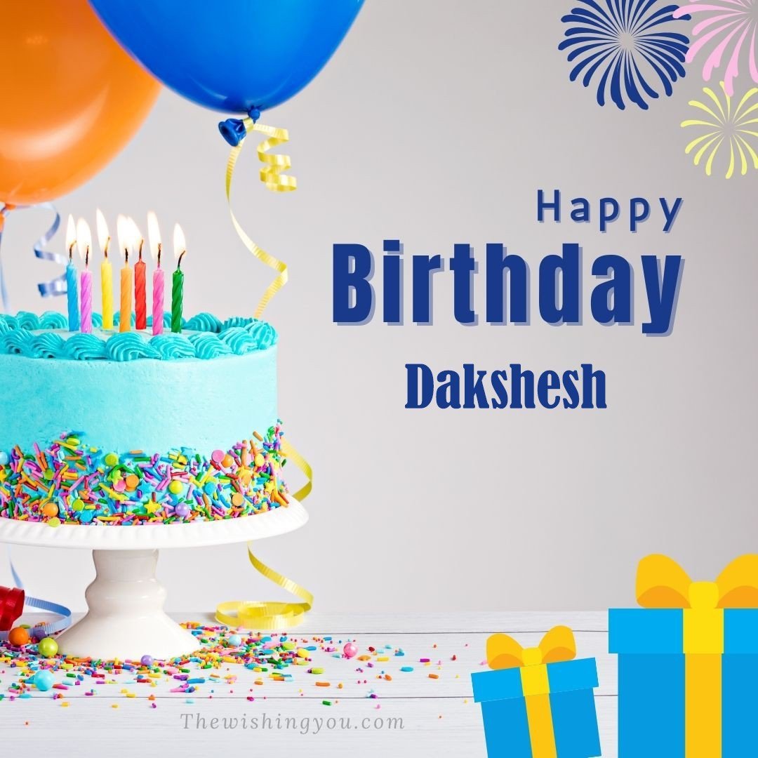 Happy Birthday Dakshesh written on image Green cake keep on White stand and blue gift boxes with Yellow ribon with Sky background