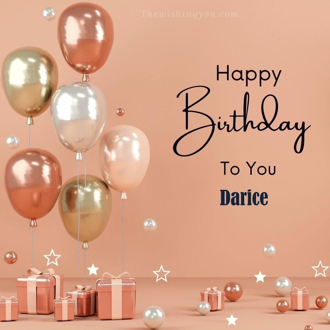 Happy Birthday Darice written on image Light Yello and white and pink Balloons with many gift box Pink Background