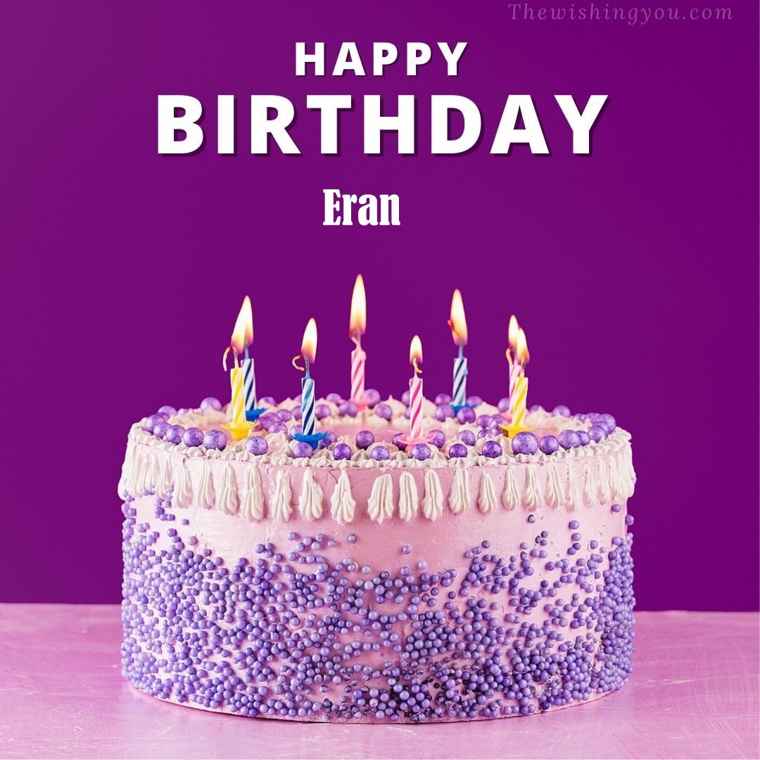 Happy Birthday Eran written on image White and blue cake and burning candles Violet background