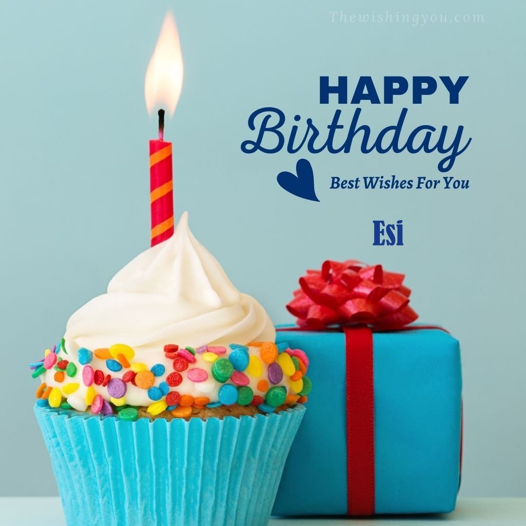 Happy Birthday Esi written on image Blue Cup cake and burning candle blue Gift boxes with red ribon