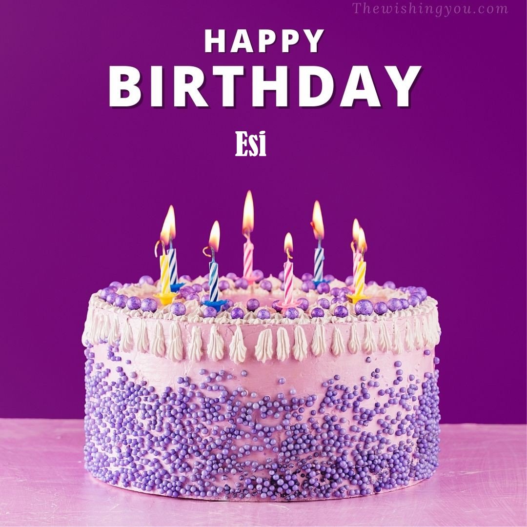 Happy Birthday Esi written on image White and blue cake and burning candles Violet background