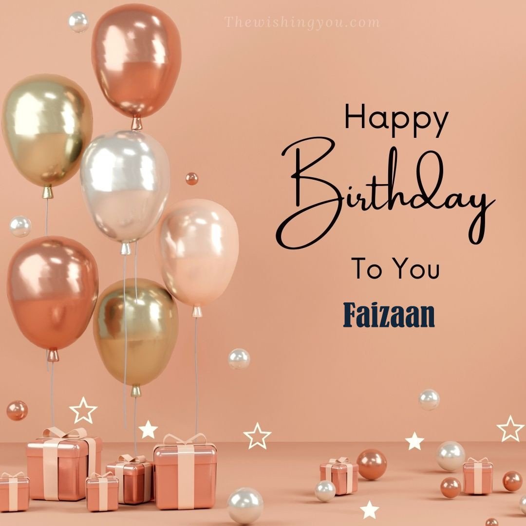Happy Birthday Faizaan written on image Light Yello and white and pink Balloons with many gift box Pink Background