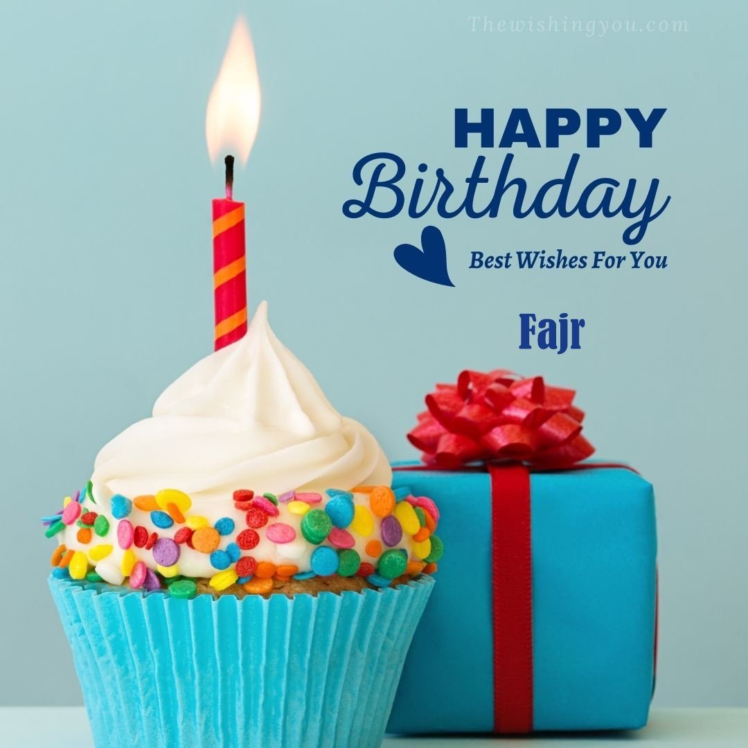 Happy Birthday Fajr written on image Blue Cup cake and burning candle blue Gift boxes with red ribon