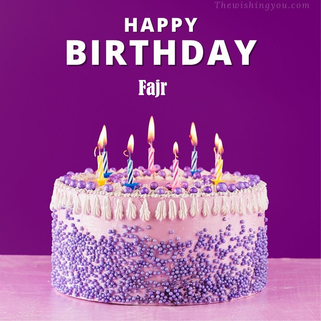 Happy Birthday Fajr written on image White and blue cake and burning candles Violet background