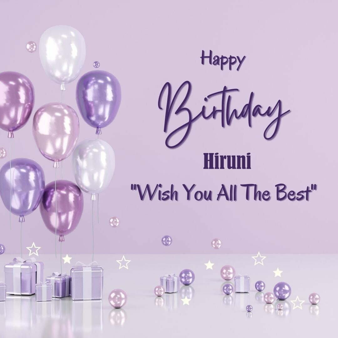 Happy Birthday Hiruni written on imagemany purple Gift boxes with White ribon pink white and blue ballon light purple background