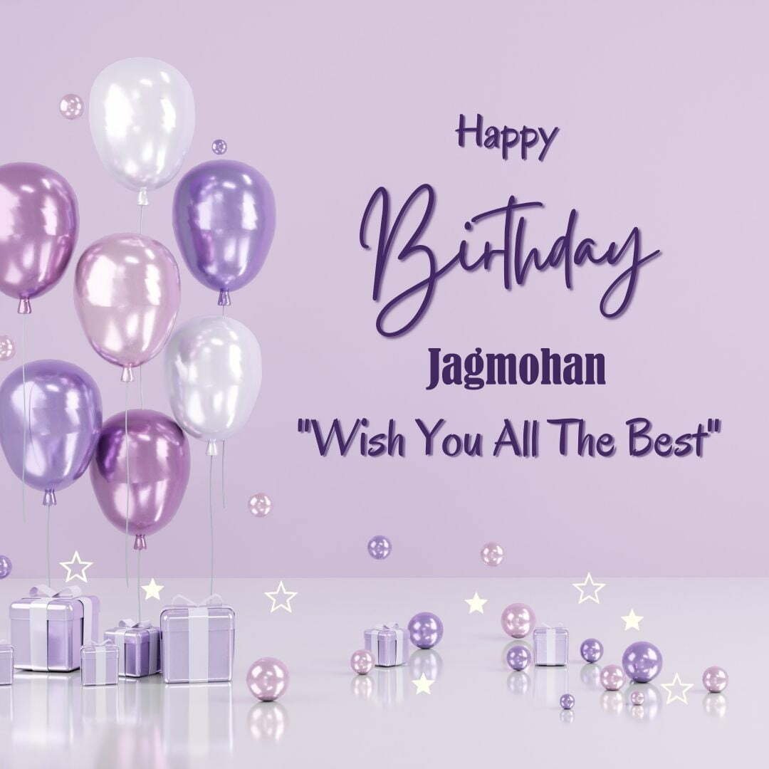 Happy Birthday Jagmohan written on imagemany purple Gift boxes with White ribon pink white and blue ballon light purple background