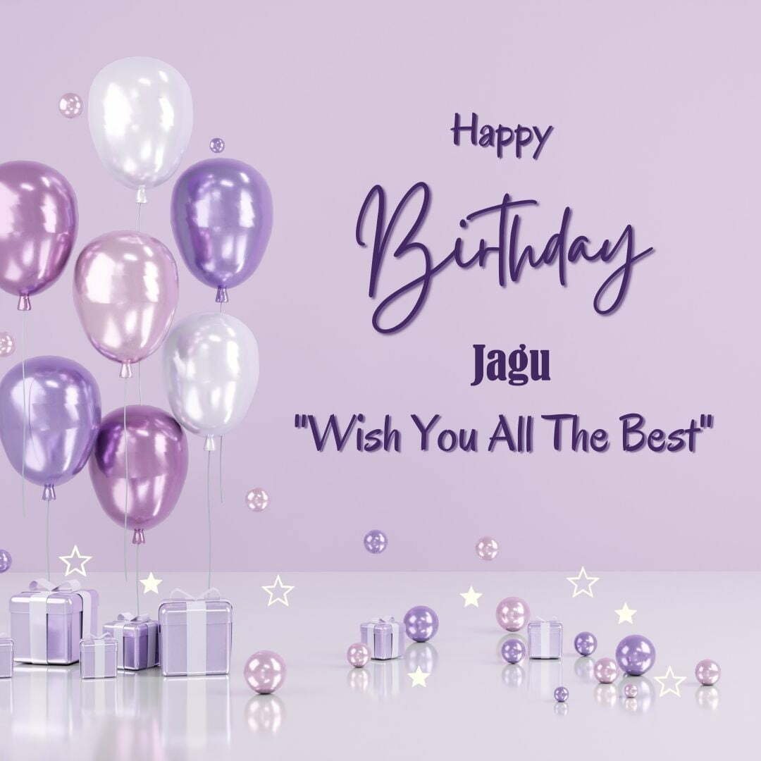 Happy Birthday Jagu written on imagemany purple Gift boxes with White ribon pink white and blue ballon light purple background