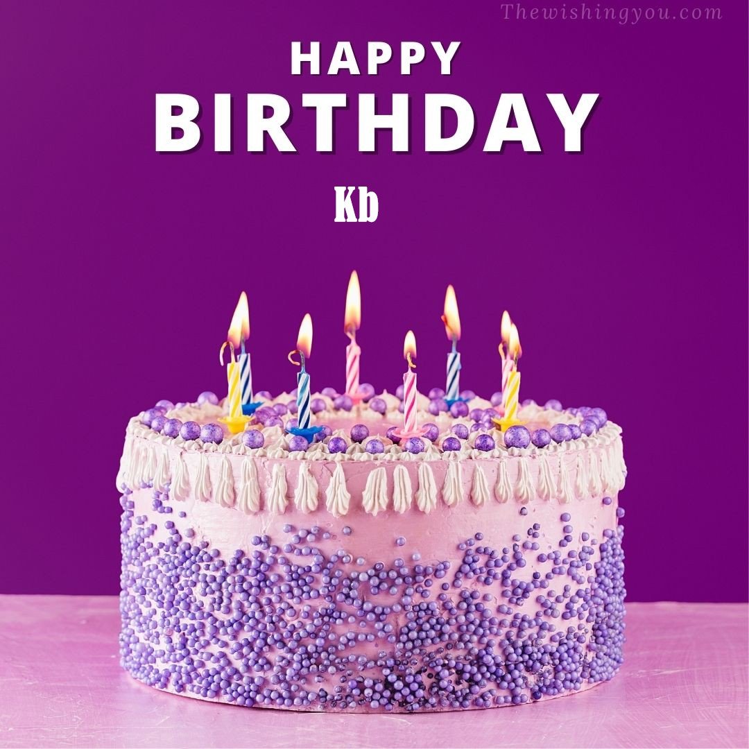 Happy Birthday Kb written on image White and blue cake and burning candles Violet background
