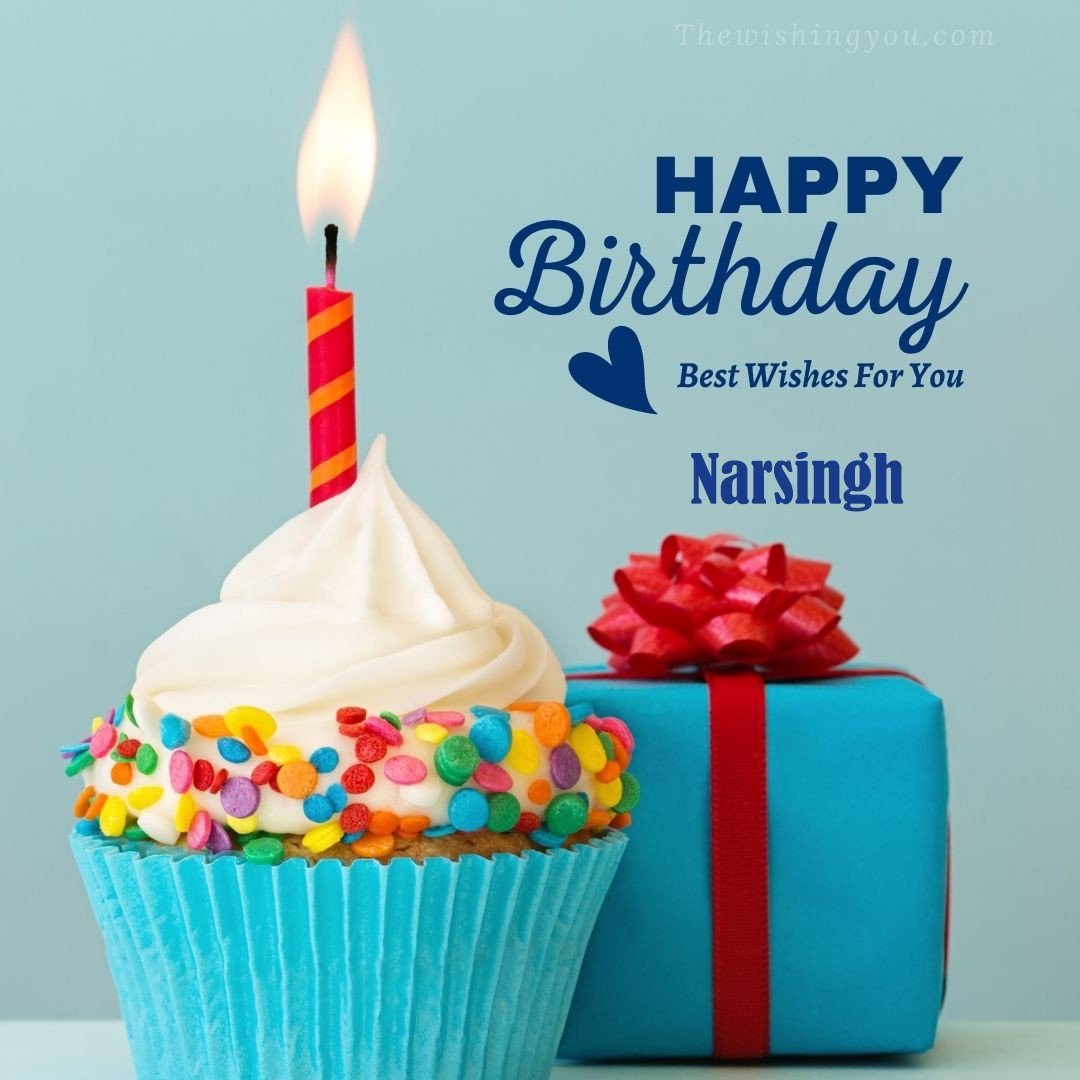 Happy Birthday Narsingh written on image Blue Cup cake and burning candle blue Gift boxes with red ribon