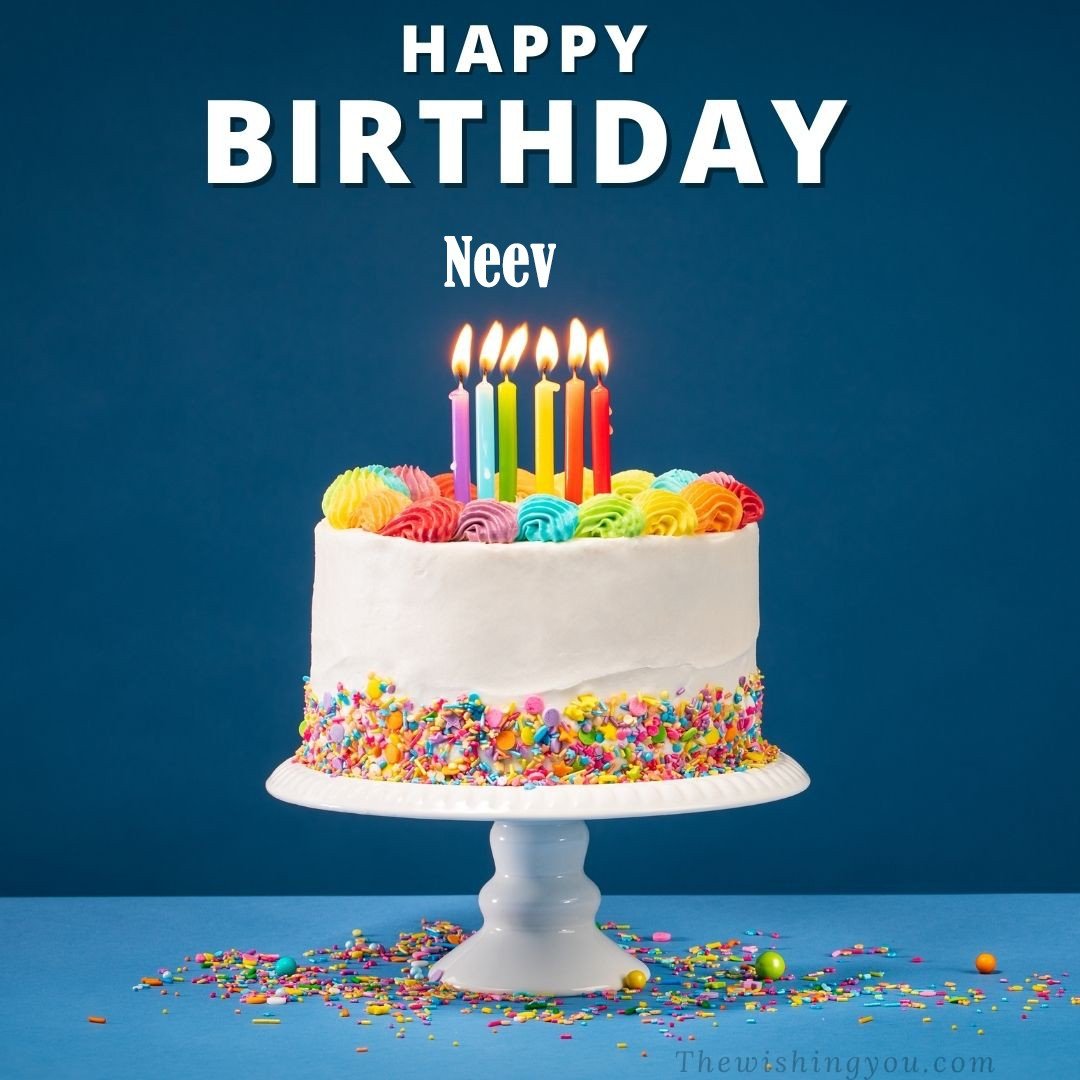 Happy Birthday Neev written on image White cake keep on White stand and burning candles Sky background