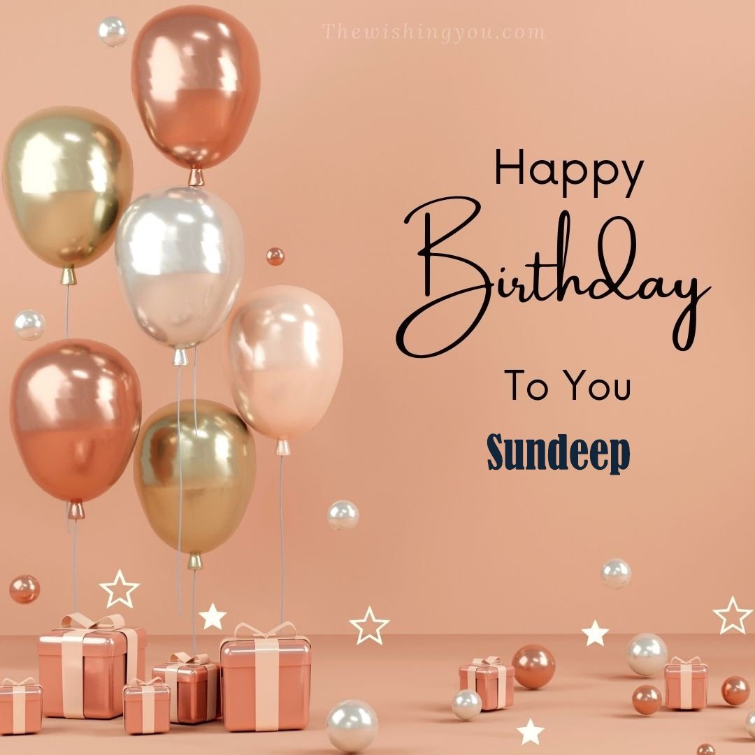 Happy Birthday Sundeep written on image Light Yello and white and pink Balloons with many gift box Pink Background