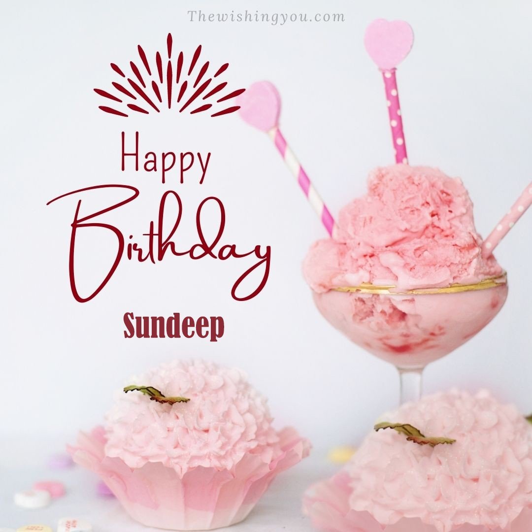 Happy Birthday Sundeep written on image pink cup cake and Light White background