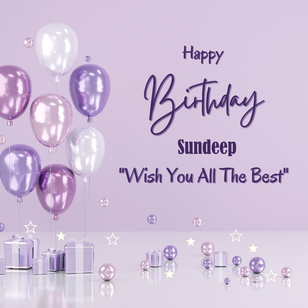 Happy Birthday Sundeep written on imagemany purple Gift boxes with White ribon pink white and blue ballon light purple background