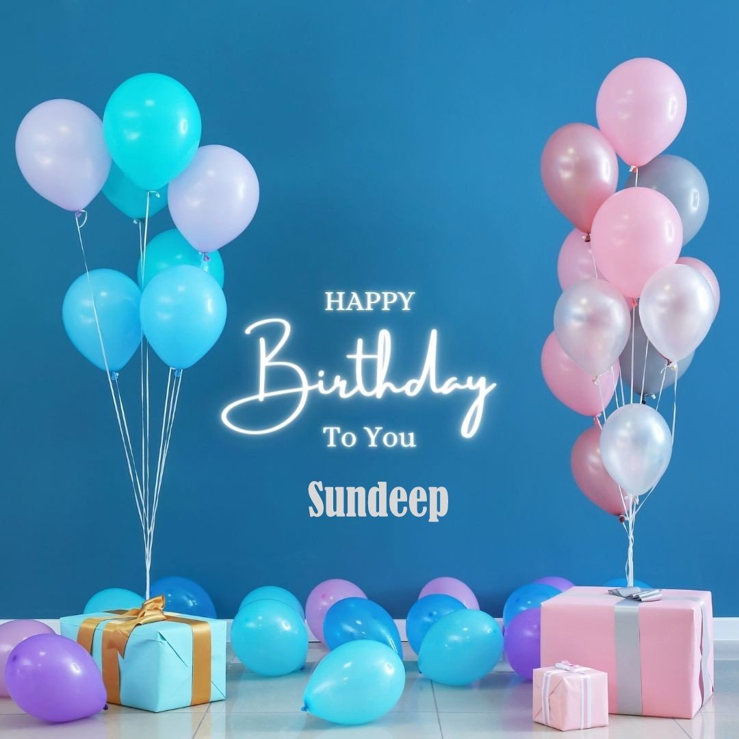 Happy Birthday Sundeep written on imagemany purple and pink Gift boxes with yellow and white ribonpink white and blue ballon light Blue background