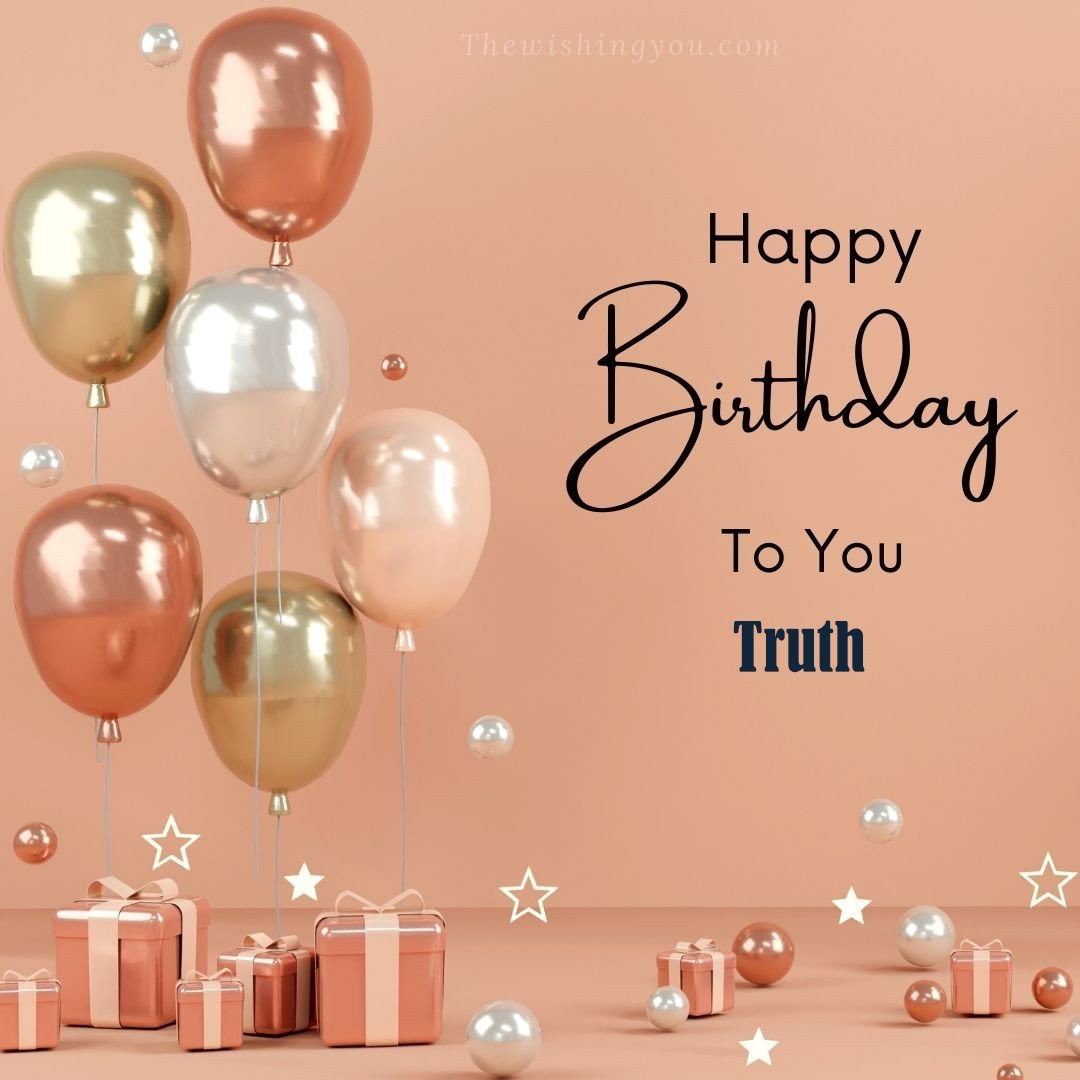 Happy Birthday Truth written on image Light Yello and white and pink Balloons with many gift box Pink Background