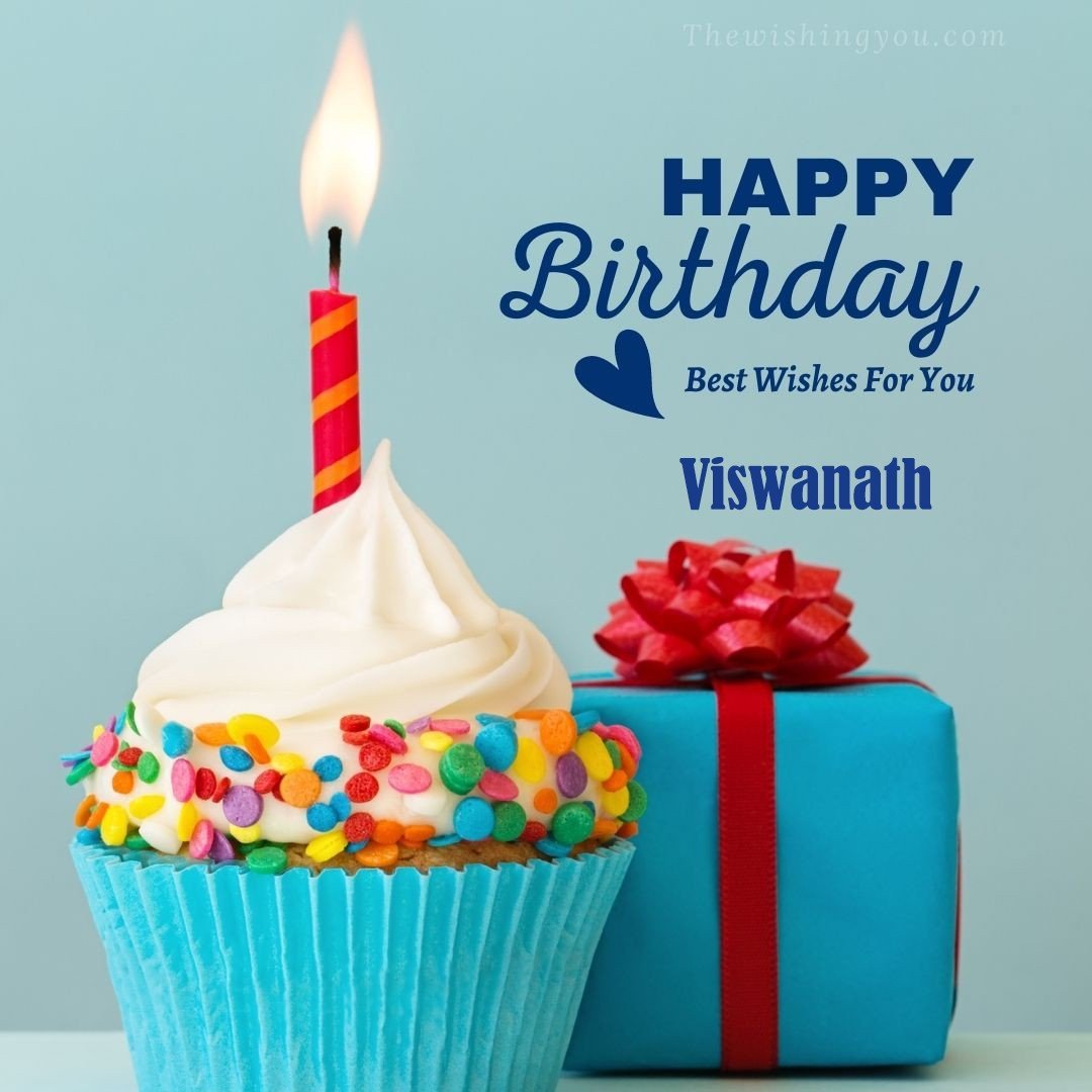 Happy Birthday Viswanath written on image Blue Cup cake and burning candle blue Gift boxes with red ribon