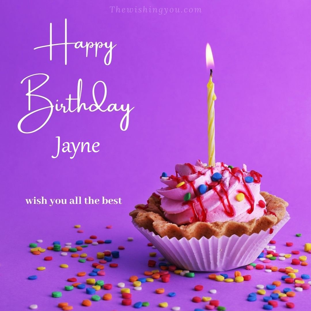 Happy birthday Jayne written on image cup cake burning candle Purple background