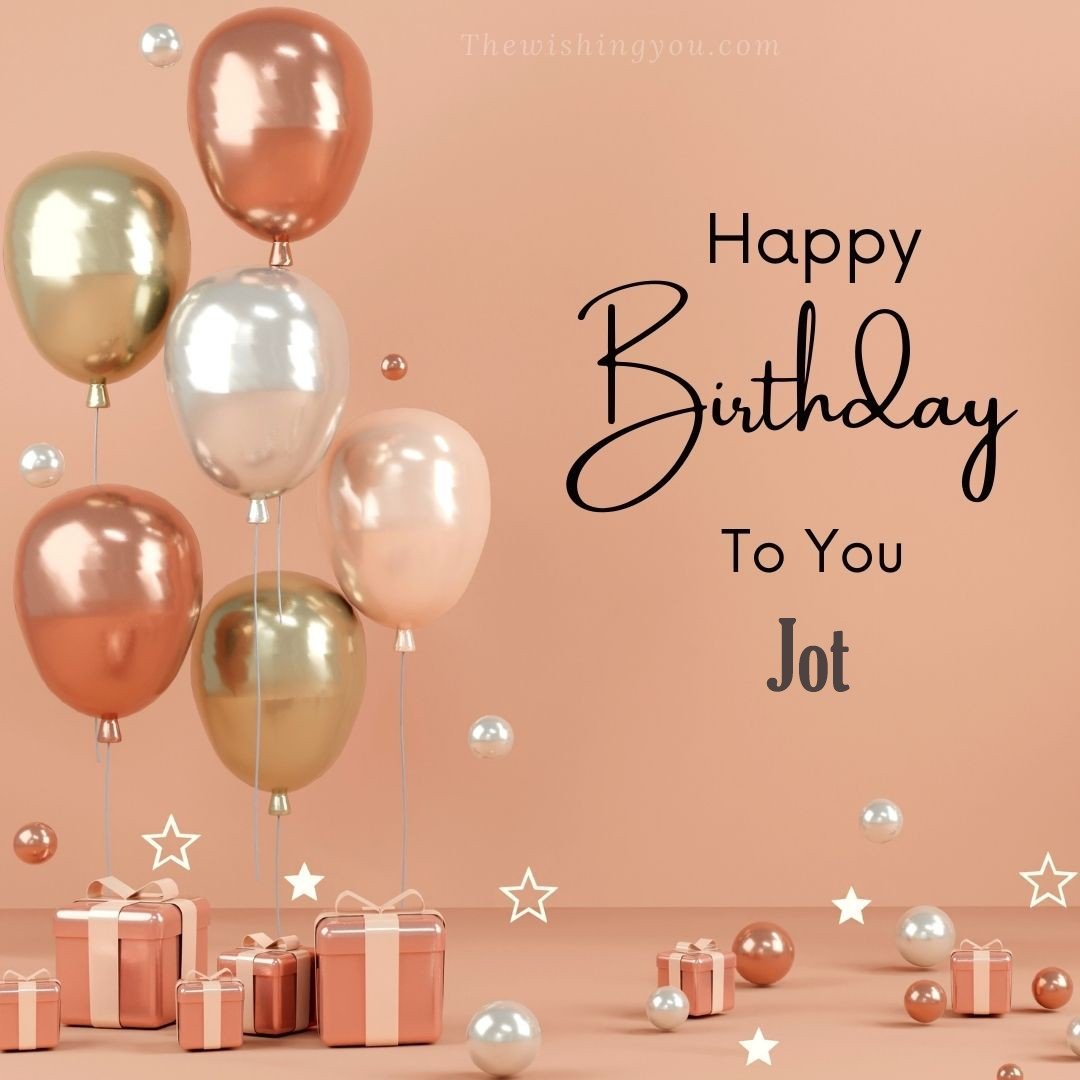 Happy birthday Jot written on image Light Yello and white and pink Balloons with many gift box Pink Background