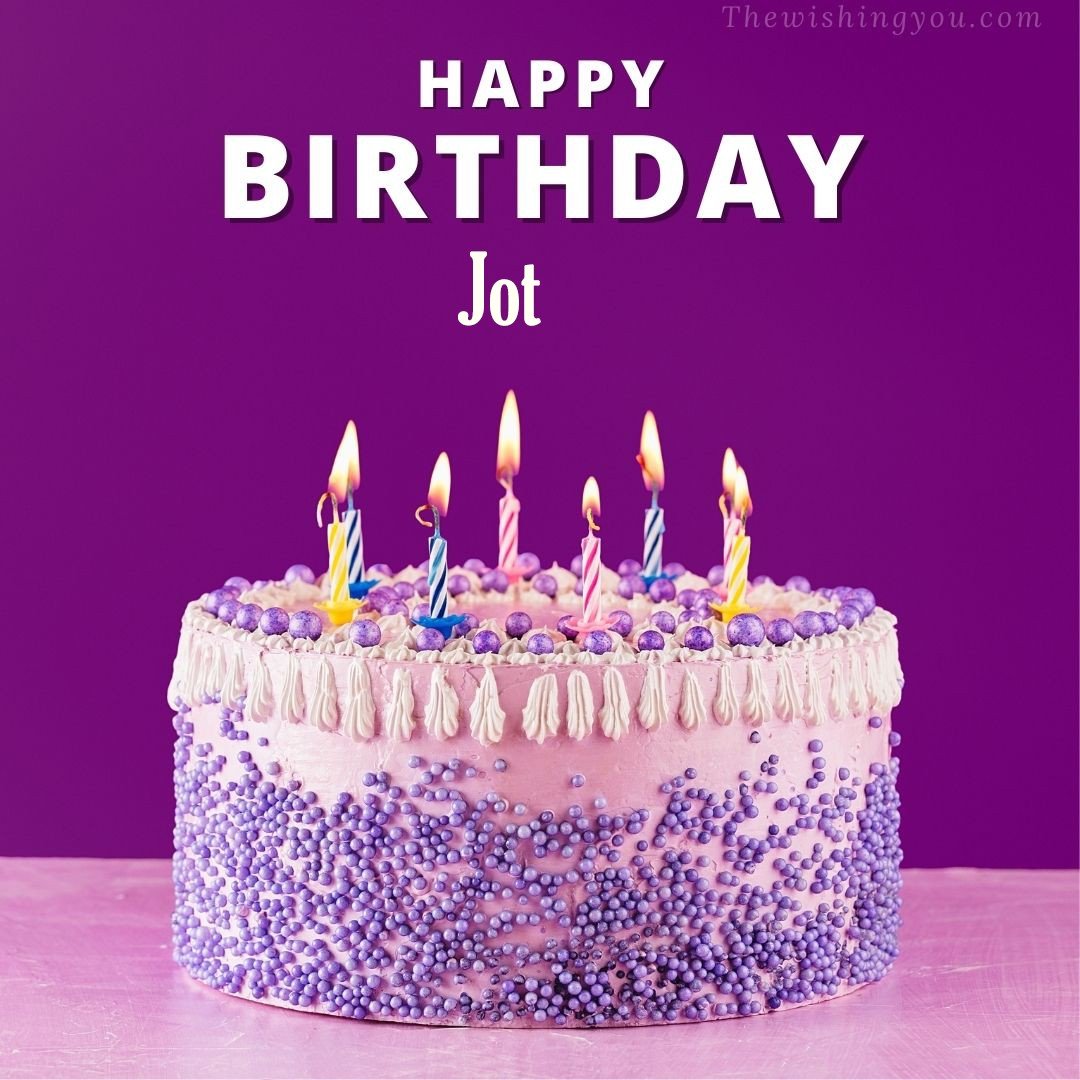 Happy birthday Jot written on image White and blue cake and burning candles Violet background