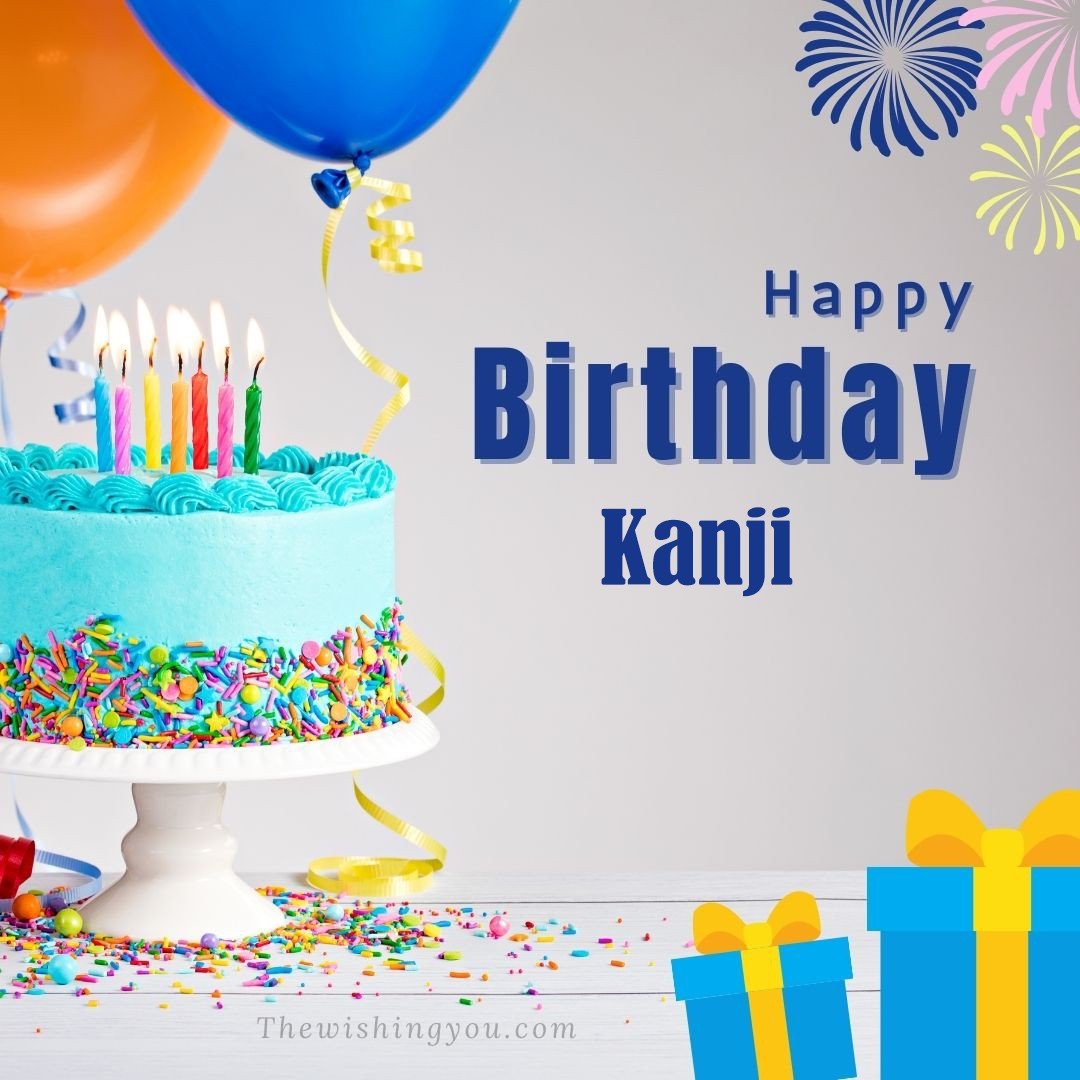 Happy birthday Kanji written on image Green cake keep on White stand and blue gift boxes with Yellow ribon with Sky background