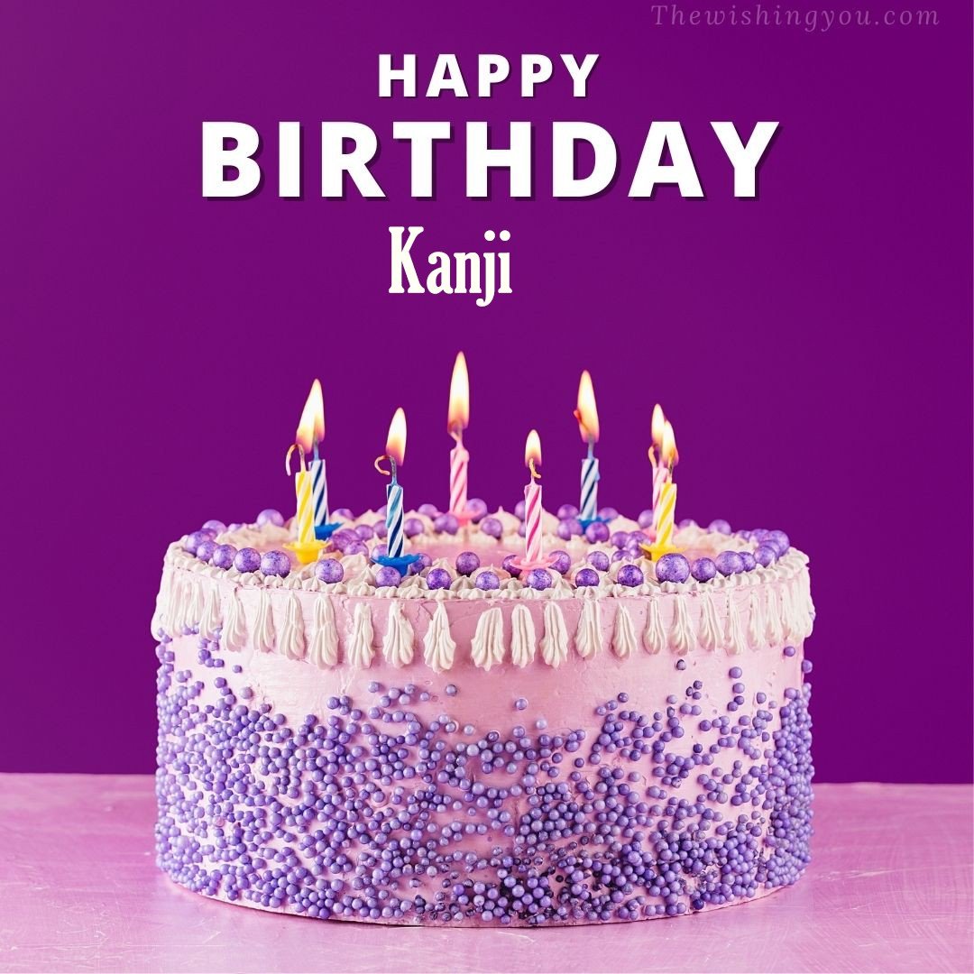 Happy birthday Kanji written on image White and blue cake and burning candles Violet background