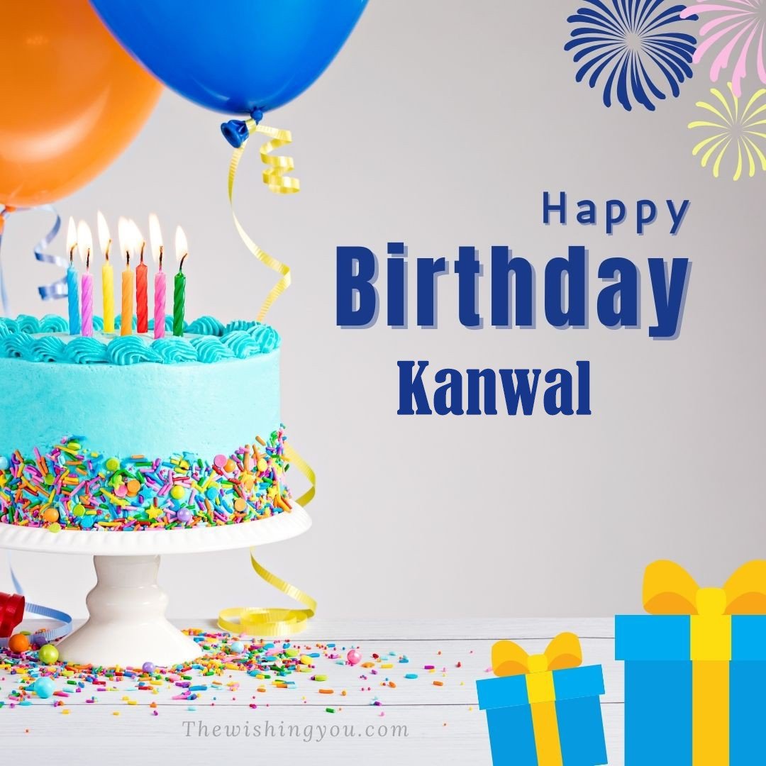 Happy birthday Kanwal written on image Green cake keep on White stand and blue gift boxes with Yellow ribon with Sky background