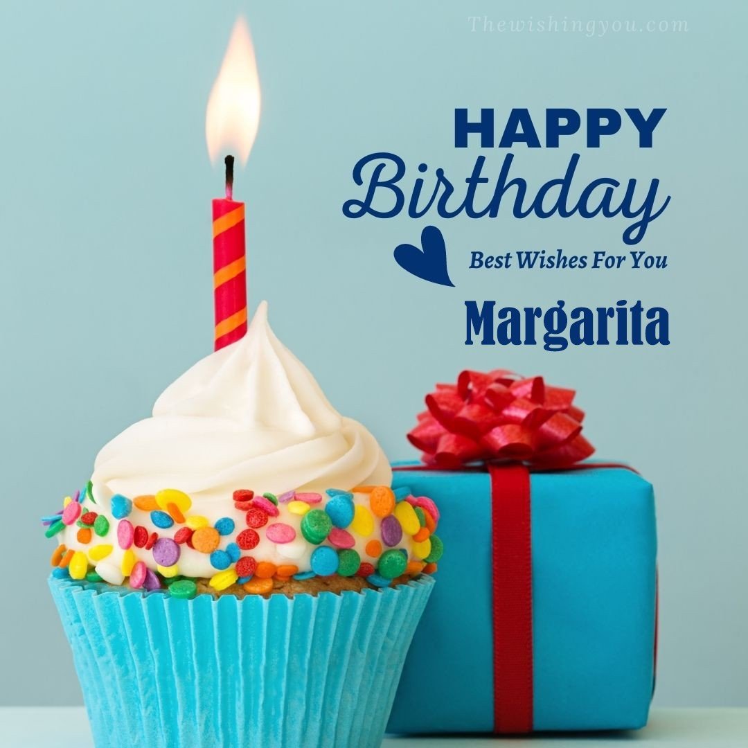 Happy birthday Margarita written on image Blue Cup cake and burning candle blue Gift boxes with red ribon