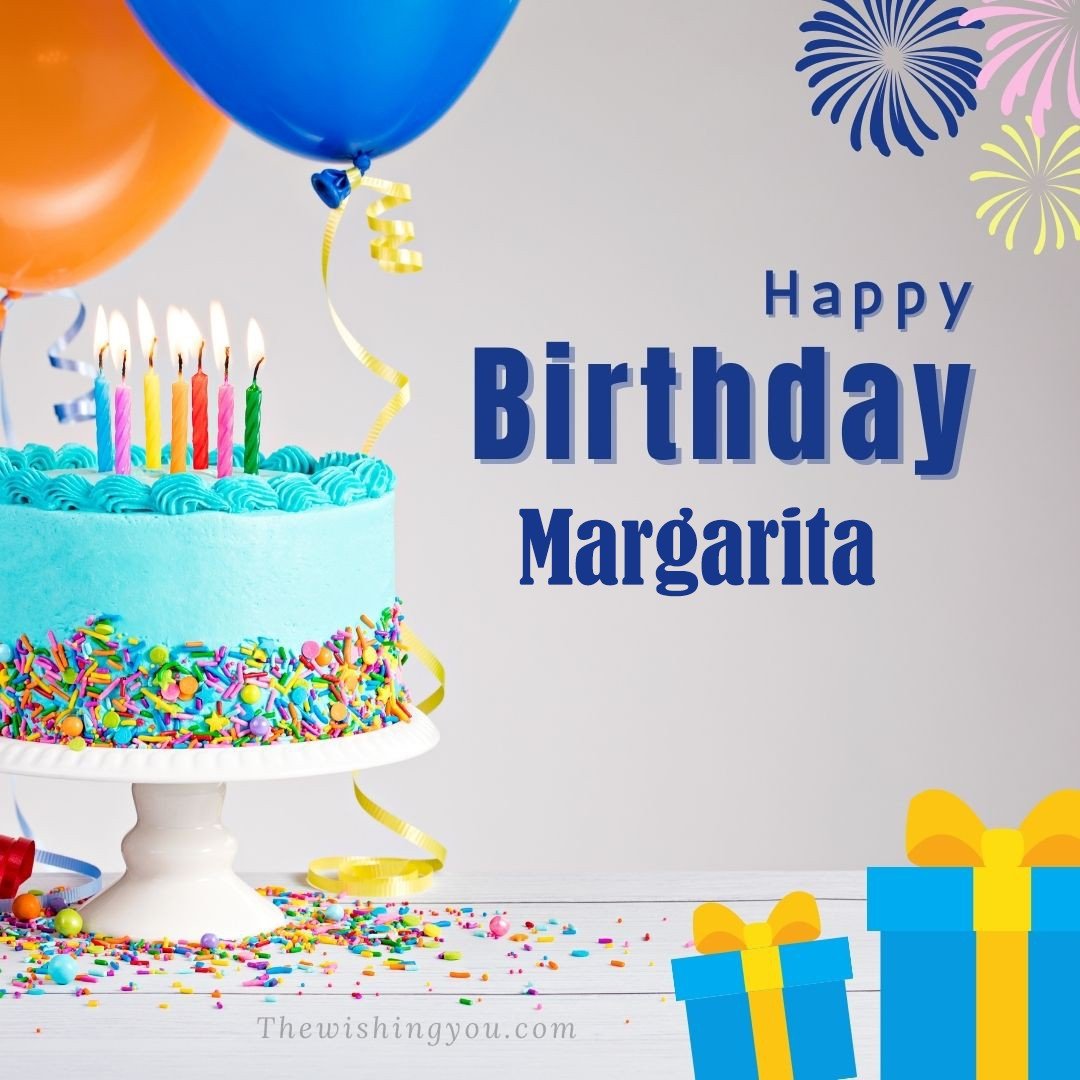 Happy birthday Margarita written on image Green cake keep on White stand and blue gift boxes with Yellow ribon with Sky background