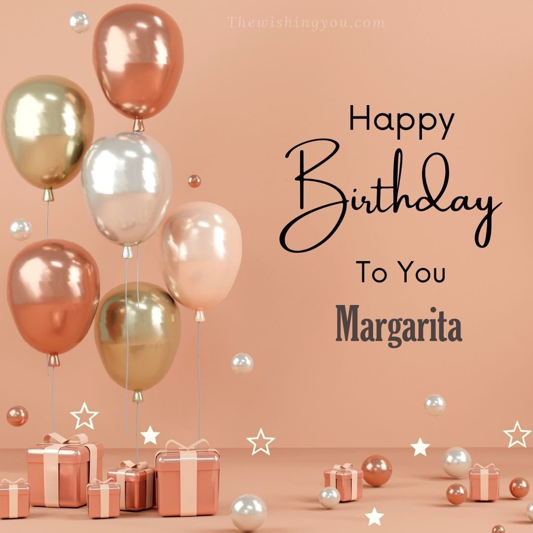 Happy birthday Margarita written on image Light Yello and white and pink Balloons with many gift box Pink Background